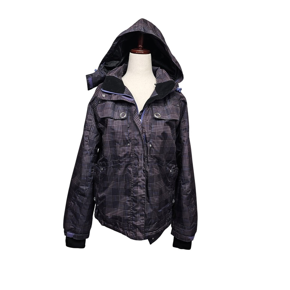 Free Country Jacket Womens Medium Gray Plaid Hooded Insulated Ski Coat Winter
